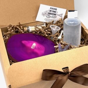 Agate Rock Candle Gift Box. Brazilian Pink Agate Rock Oil Lamp Gift Set.